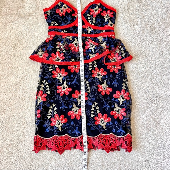 LULU’S Flirty Karina Floral Embroidered Mesh Peplum Dress—SZ. Small - Picture 13 of 17